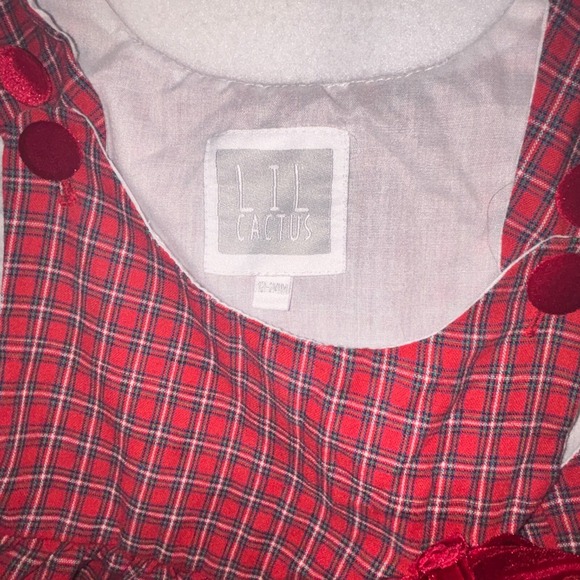 Lil Cactus Plaid Christmas Dress Santa applique velvet bow size 12-24 months - Picture 3 of 4